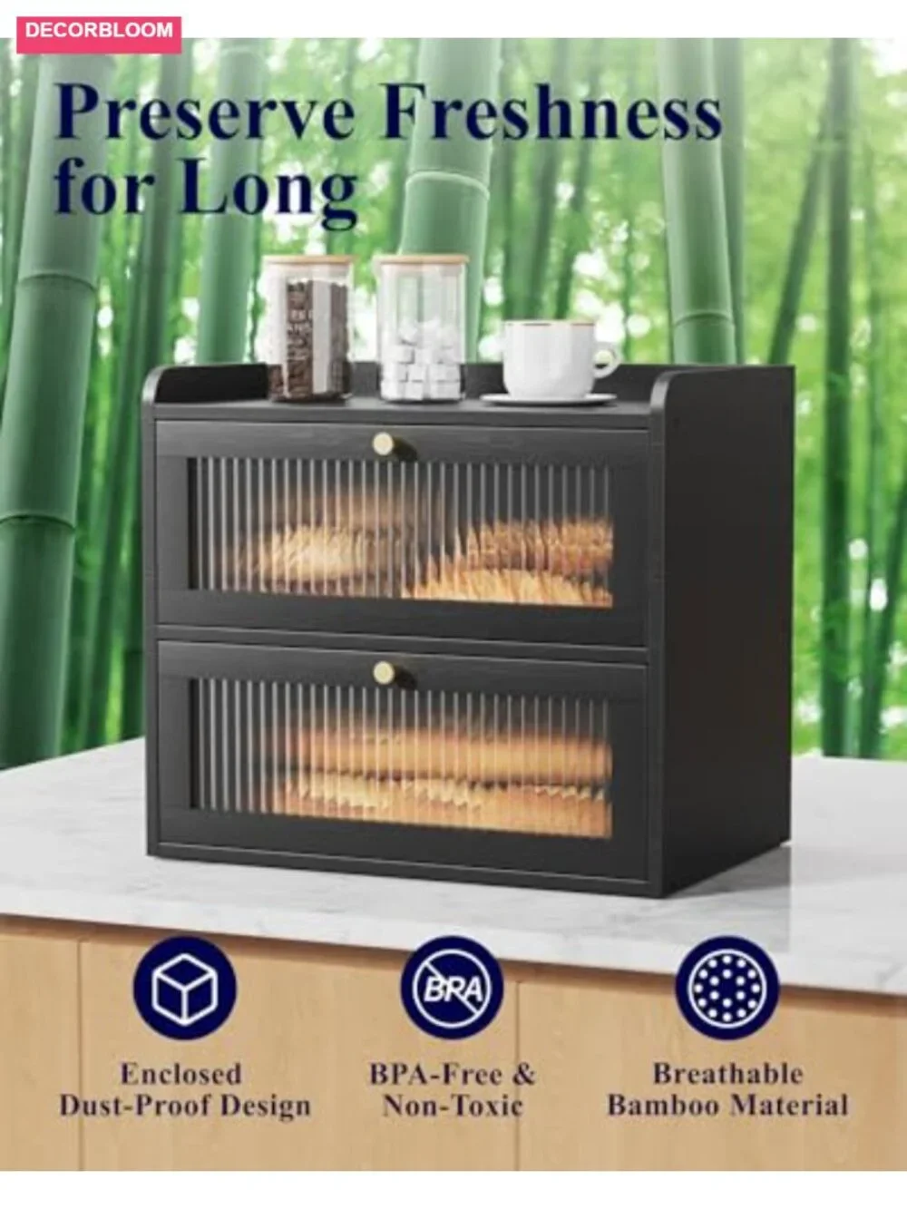 Large Bamboo Wooden Bread Box with Magnetic Acrylic Door Double Layer